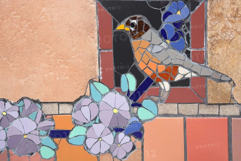 Wall mosaic with migratory thrush by Isidora Paz López 2019, one, bird figure, flower figures, handicrafts, tiles, tiles, Lopez, rock stairs, bird stairs, Pirmasens, Palatinate Forest, Rhineland-Palatinate, Germany, Europe