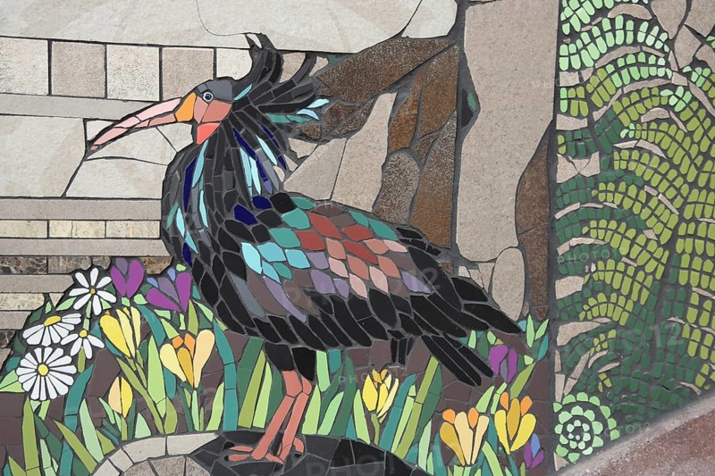 Wall mosaic with bald ibis by Isidora Paz López 2019, one, brown, bird figure, flower figures, handicrafts, tiles, Lopez, rock staircase, bird staircase, Pirmasens, Palatinate Forest, Rhineland-Palatinate, Germany, Europe