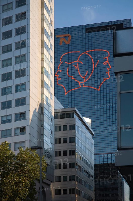Flourescent line drawing artwork by Gijs van Bon and Thijs Kelder on the Nationale Nederlanden building Rotterdam Netherlands to celebrate the succession and coronation of King William Alexander following the abdication of Queen Beatrix in 2013