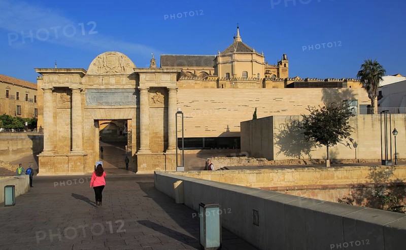 Sixteenth century Renaissance gate Puerta del Puente historic gateway and cathedral buildings, Cordoba, Spain, Europe