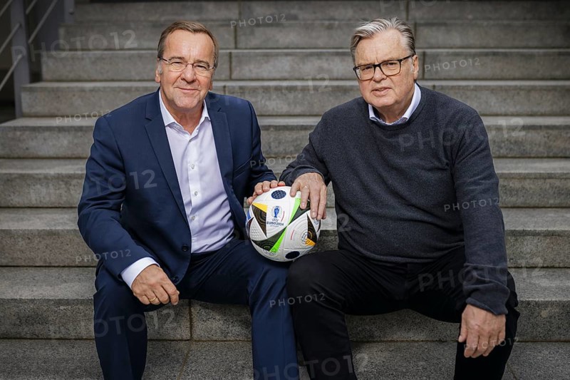 Boris Pistorius (SPD), Federal Minister of Defence, with his brother Harald Pistorius with a football. Recorded during an interview Berlin, 04.06.2024