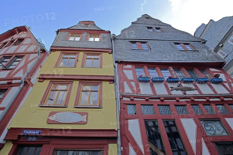 Half-timbered houses with fish figure, view upwards, slate house, gable, fish market, old town, Limburg, Hesse, Germany, Europe