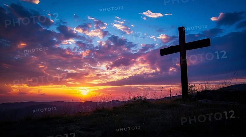 Easter concept cross on Golgotha Calvary hill against a dramatic sunset, AI generated