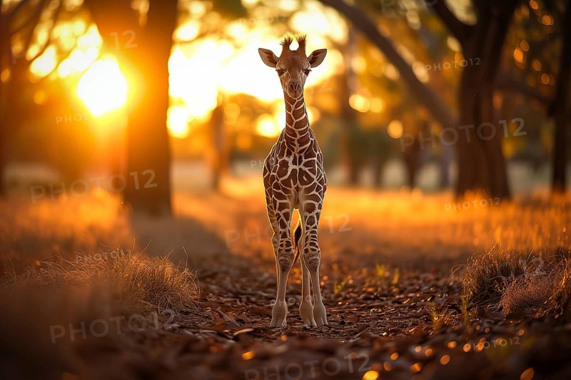 Baby giraffe standing amidst the golden rays of the setting sun, surrounded by nature s beauty, AI generated