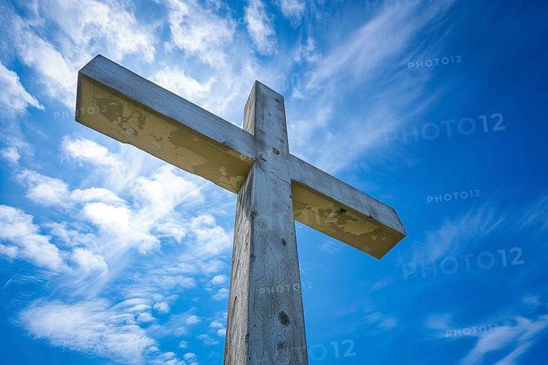 Christianity symbol Easter concept wooden cross in blue sky, AI generated