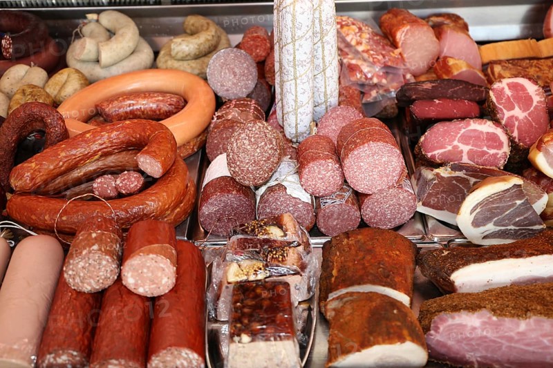 Sausage counter in a butcher's shop
