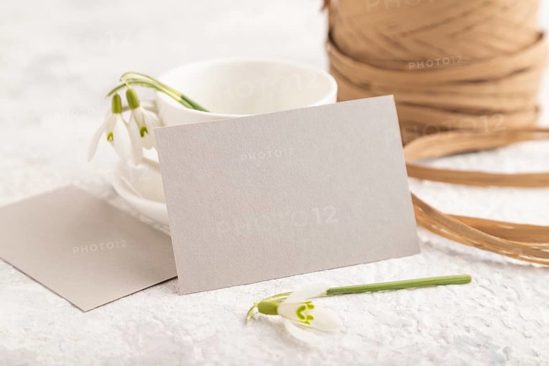 Gray paper invitation card, mockup with galanthus snowdrop flowers on gray concrete background. Blank, side view, still life, copy space, wedding invitation