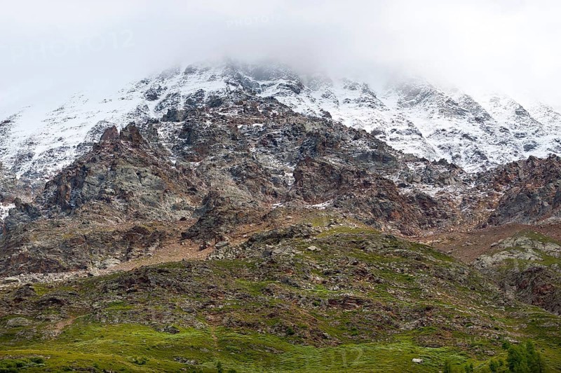 Mountain panorama at the Fafleralp in Valais, Bernese Alps, Lötschental, hiking, mountains, nature, outdoor, active holiday, hiking holiday, snow, weather, fog, Switzerland, Europe