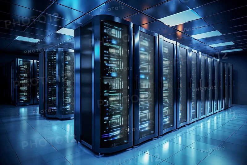 A modern data center with rows of server racks, high technology, artificial intelligence AI and data cloud computing computer systems storage and telecommunications, AI generated