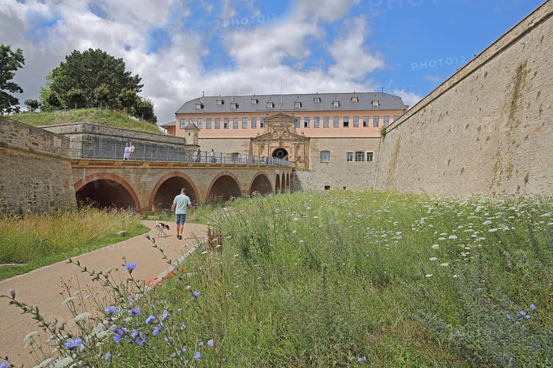 Bridge and people to the commander's house, city fortification, bastion, citadel, Petersberg, Erfurt, Thuringia, Germany, Europe