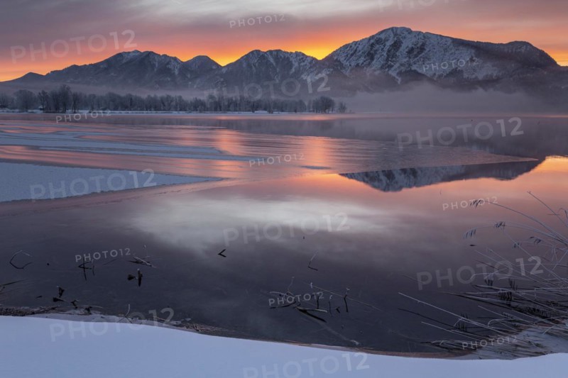 Mountains reflected in lake, dawn, fog, winter, snow, icy, Lake Kochel, Alpine foothills, Bavaria, Germany, Europe
