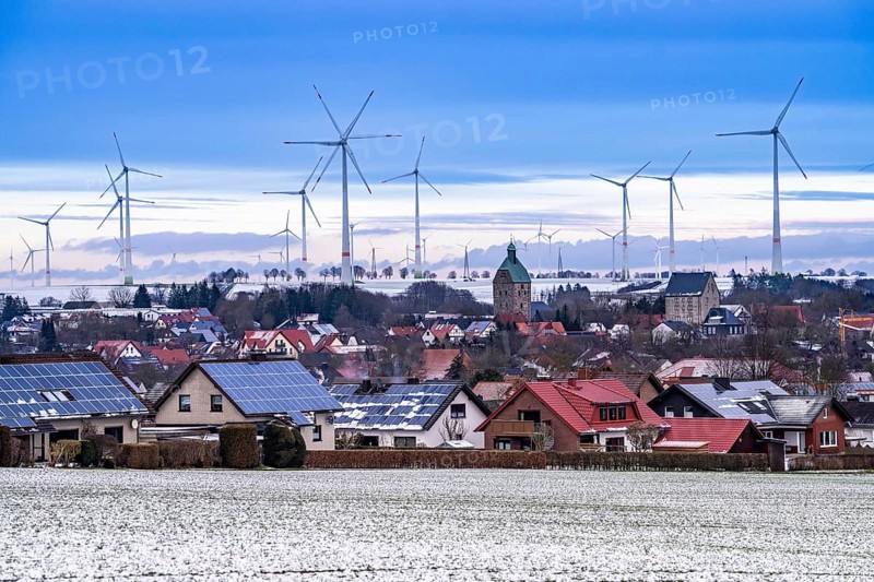 The town of Lichtenau, self-proclaimed energy town, wind farm, over 190 wind turbines and over 1200 solar panels generate 10 times as much electricity as the community of 11, 900 inhabitants consumes, largest onshore cluster of wind turbines in Germany, winter, slightly snow-covered landscape, North Rhine-Westphalia, Germany, Europe