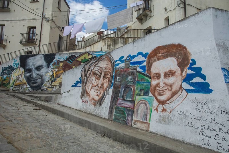 Mural painting by the writer Carlo Levi in ??Aliano. He described in his book Christ stopped at Eboli this very poor village in the 1930s. The book became a bestseller and was filmed. Aliano, Matera District, Basilicata, Italy, Southern Europe, Europe
