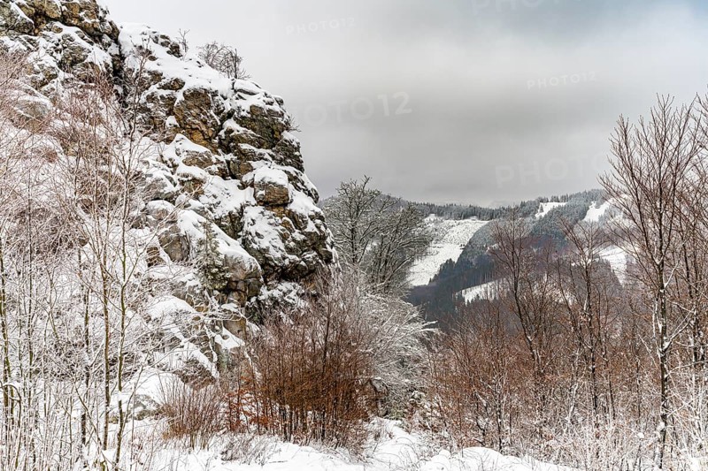 Snow-covered winter landscape Bruchhauser Steine in the Sauerland, Bruchhausen, Olsberg, Hochsauerlandkreis, North Rhine-Westphalia