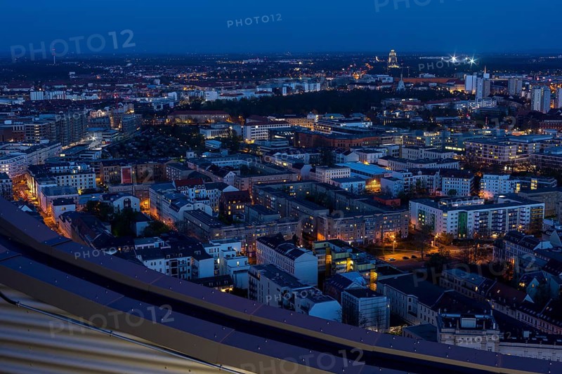 View of the city from the City Tower at blue hour towards the Monument to the Battle of the Nations, Leipzig, Saxony, Germany, Europe