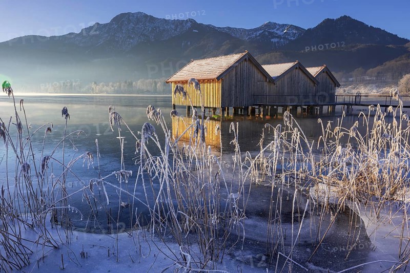 Boat huts, icy shore, lake, morning light, fog, snow, winter, mountains, Lake Kochel, Schlehdorf, behind Herzogstand, Heimgarten, Alpine foothills, Bavaria, Germany, Europe