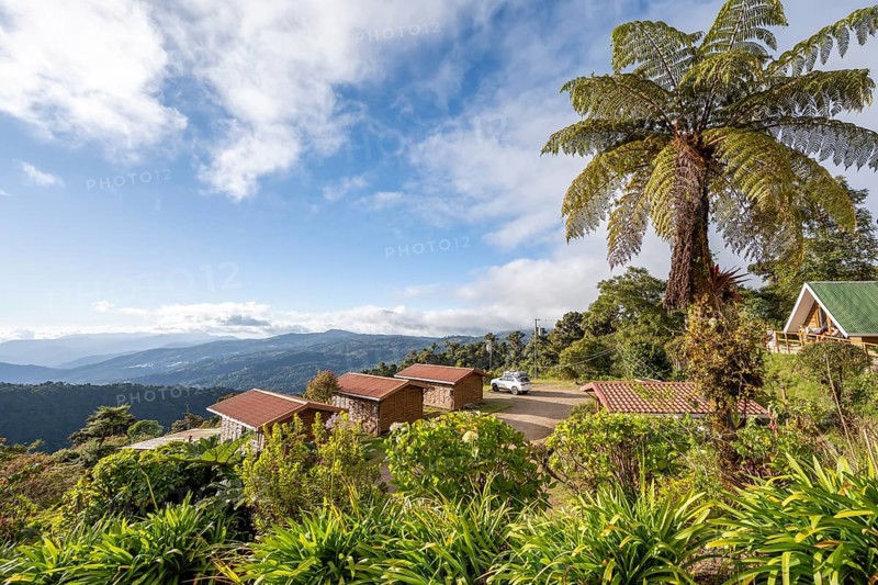 Lodge in the cloud forest, in the evening light, Quetzal Lodge, view over mountain landscape, San José province, Costa Rica, Central America