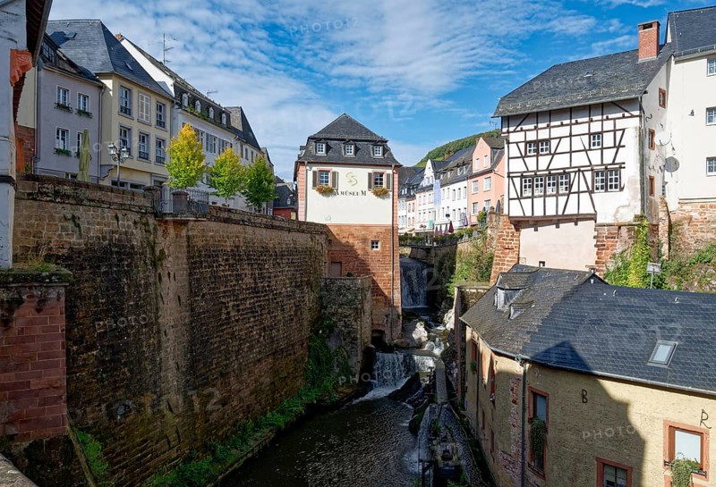The Leukbach stream and the waterfall in Saarburg town centre. Saarburg, Rhineland-Palatinate, Germany, Europe