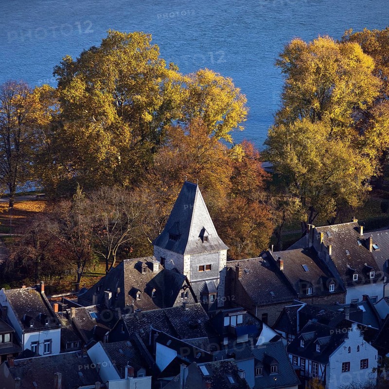 Aerial view of the market tower with houses on the Rhine, Bacharach, UNESCO World Heritage Upper Middle Rhine Valley, Rhineland-Palatinate, Germany, Europe