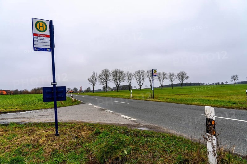 Bus stop Wiggers, in the countryside, near Sendenhorst, line R55, RVM Regionalverkehr Münsterland, from Ahlen to Sendenhorst, runs hourly on weekdays, at weekends only on request by Taxi Bus, Münsterland
