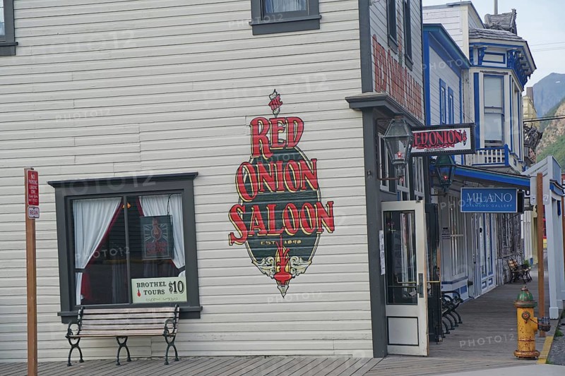 Historic house facades from the gold rush era, old brothel, Inside Passage, Skagway, Alaska, USA, North America
