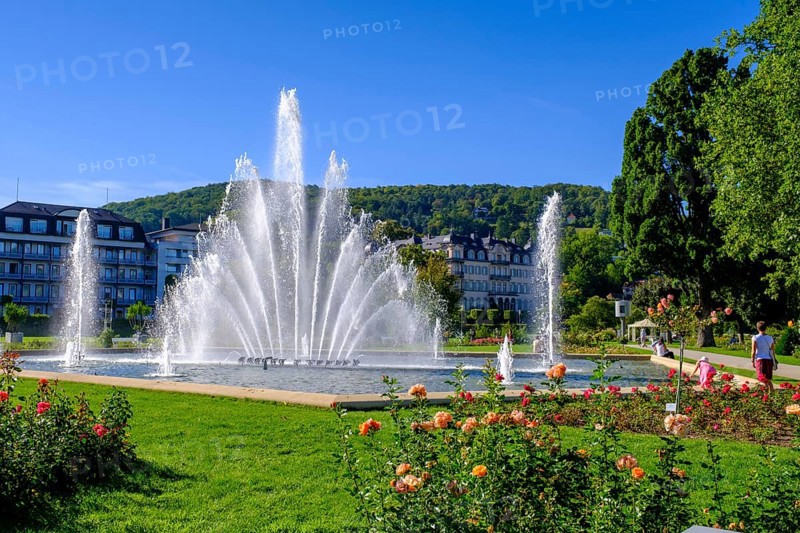 Fountain in the spa gardens and rose garden, Bad Kissingen, Rhön, Lower Franconia, Franconia, Bavaria, Germany, Europe