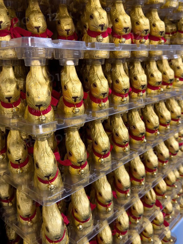 Display in shelf of wholesale of chocolate Easter bunnies Easter bunnies colour gold of red staniol paper of chocolate displayed offered in plastic tagere, Germany, Europe