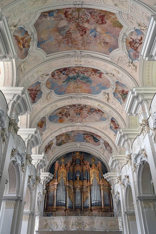 Baroque vault with organ loft of the Basilica of St Mauritius, Niederaltaich, Lower Bavaria, Germany, Europe