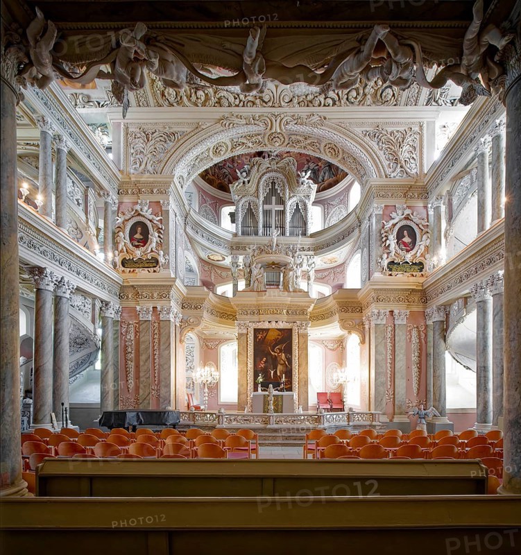 Chancel with the two-storey organ, baroque church, baroque castle church of St Trinitatis at Christiansburg Castle, interior view, Eisenberg, Saale-Holzland district, Thuringia, Germany, Europe