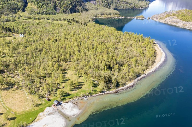 Aerial view of lake Lovatnet (or: Loenvatnet), sandy beach and birch forest, valley Lodalen south of village Loen, Norway, Europe