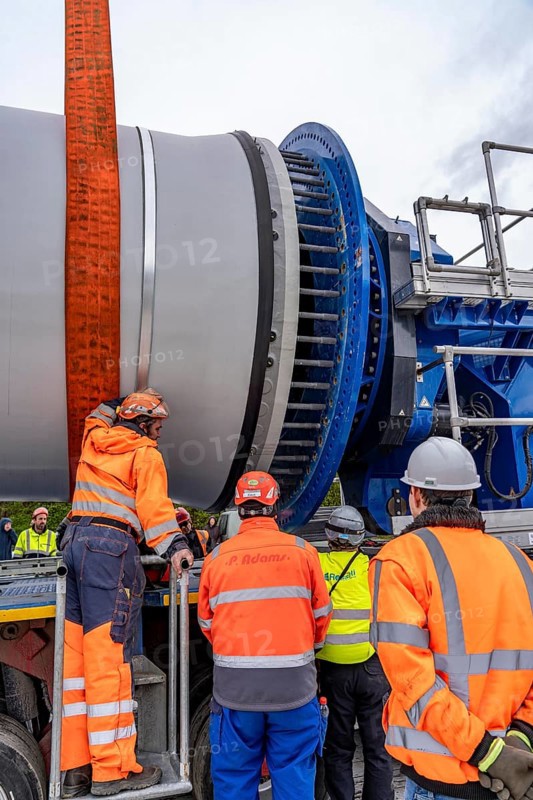 Preparation for the transport of a 68 metre long blade, a wind turbine, with a self-propelled Blade-Lifter vehicle, over a 40 km long route in the Bergisches Land, through towns, villages, over country roads, narrow through roads, to the construction site of the wind turbine near Hagen, North Rhine-Westphalia, Germany, Europe
