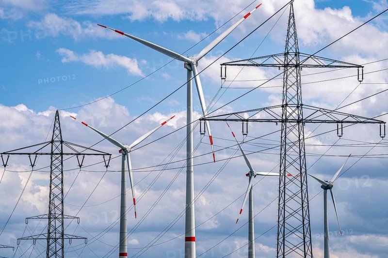 Wind farm north-east of Marsberg, Hochsauerlandkreis, high-voltage line, electricity pylons, North Rhine-Westphalia, Germany, Europe