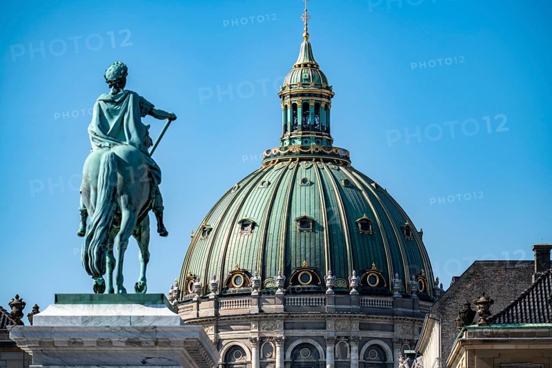 Amalienborg Palace, dome of the Protestant Frederiks Kirke, equestrian monument to Frederik V, Copenhagen, Denmark, Europe