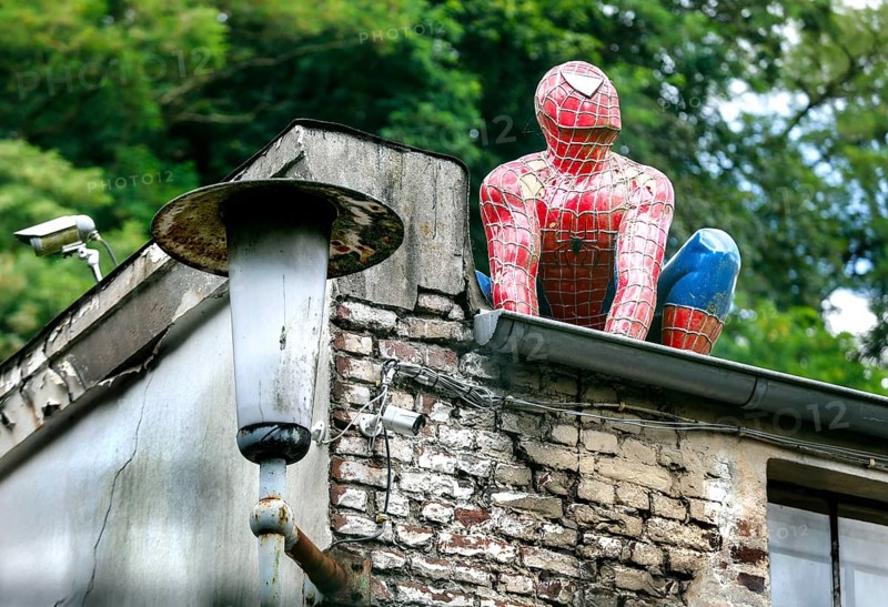 Spiderman figure on the roof of a house, Essen, 22.07.2024., Essen, North Rhine-Westphalia, Germany, Europe