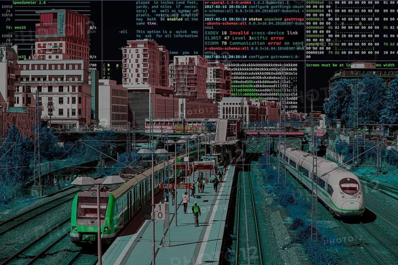 Symbolic image cyberattack, computer crime, cybercrime, computer hackers attack a city's IT infrastructure, transport infrastructure, railway station, Düsseldorf