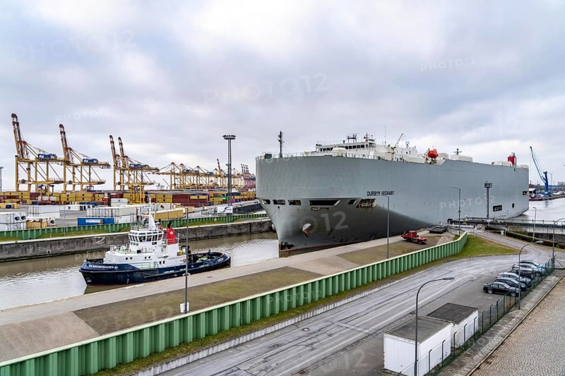 North lock in the overseas port of Bremerhaven, the vehicle transporter Durban Highway, under the flag of Panama, can load around 600 cars, discharges from the harbour, from the Bremerhaven car terminal, loaded with new cars, then heads for the Suez Canal, Eurogate Container Terminal, Bremen, Germany, Europe