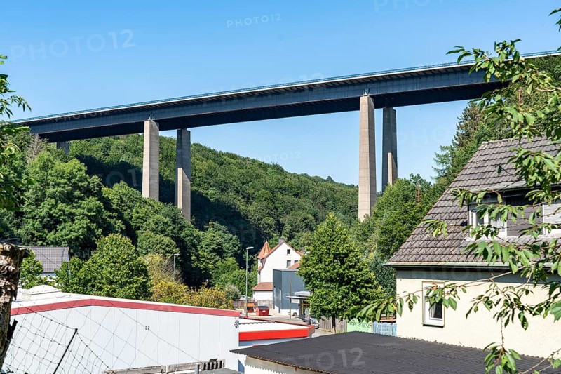 Motorway A45, the Rahmede viaduct, which is totally closed due to massive damage to the supporting structure and is being blown up and rebuilt, residential buildings on and under the bridge, Lüdenscheid, North Rhine-Westphalia, Germany, Europe
