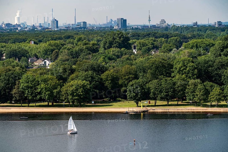 The Sechs-Seen-Platte, a local recreation area in the south of Duisburg, near the Wedau district, 6 former gravel pits, view over the Wolfssee, from the observation tower, skyline of Duisburg, North Rhine-Westphalia, Germany, Europe
