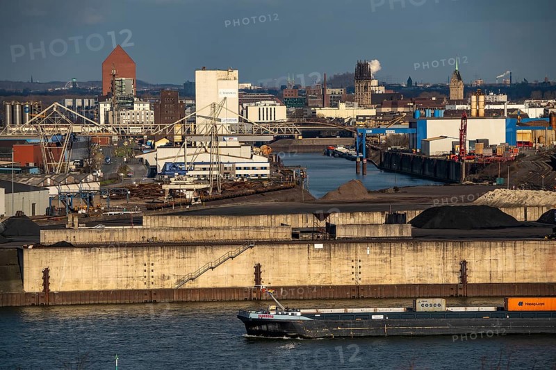 Duisburg harbours, Rheinkai Nord, outer harbour, behind the city centre with inner harbour, archive tower of the State Archive of North Rhine-Westphalia, on the Rhine, Duisburg, North Rhine-Westphalia, Germany, Europe