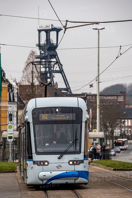 Tram, line 302, on Friedrich-Ebert-Straße, Freiheitstrasse stop, in Bochum-Wattenscheid, in the background the headframe of the former Holland colliery, Bochum, North Rhine-Westphalia, Germany, Europe