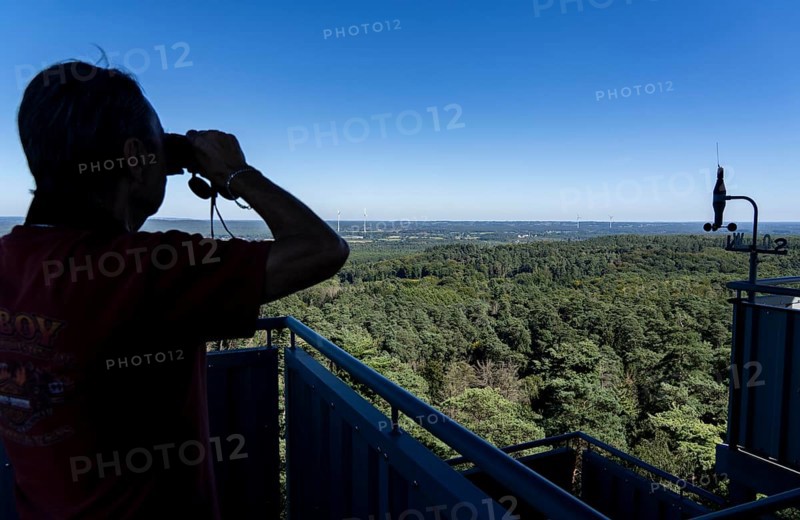 Fire watch tower on the Rennberg, near Flaesheim, Haltern am See, in the Haard forest area, one of 3 fire watch towers in the region, manned from April to October in dry weather conditions, part of the fire monitoring system, North Rhine-Westphalia, Germany, Europe