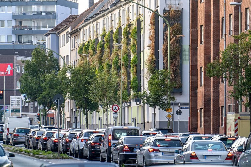 Facade greening on apartment blocks, on Gladbecker Straße, B224, to filter nitrogen oxides and fine dust particles from the air, climbing vines, flowering shrubs, grasses, ferns and ivy grow in the vertical gardens, Essen, North Rhine-Westphalia, Germany, Europe