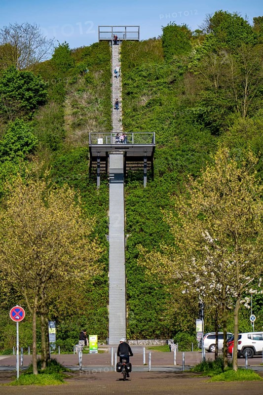 The Hoheward spoil tip, main part of the Hoheward Landscape Park, stairs leading up to the Ewald gallery, Herten, North Rhine-Westphalia, Germany, Europe