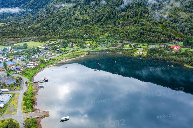 Top-down shot of center of village Puyuhuapi, Patagonia, Chile, South America