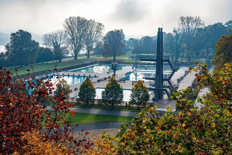 The Römerbad, outdoor pool in Bonn-Castell, directly on the Rhine, closed after the summer season, autumn, Bonn, North Rhine-Westphalia, Germany, Europe