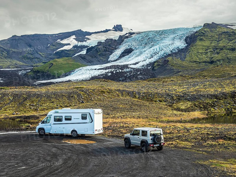 Aerial view of glacier Falljökull, a glacier tongue of Vatnajökull glacier, glacial lake, Iceland, Europe