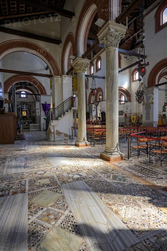 Interior view of the Basilica di Santi Maria e Donato with Byzantine mosaic pavement, Murano, Venice, Metropolitan City of Venice, Italy, Europe