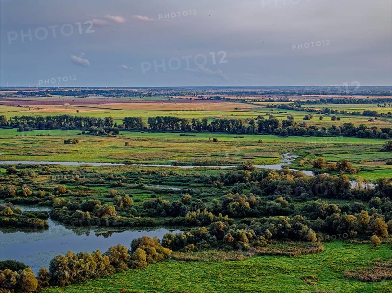 The Warta Estuary National Park, Park Narodowy Ujscie Warty, where the Warta flows into the Oder. The park consists mainly of meadows and pastureland, intersected by numerous old river courses and canals. Aerial view. Kostrzyn nad Odra, Lubuskie, Poland, Europe