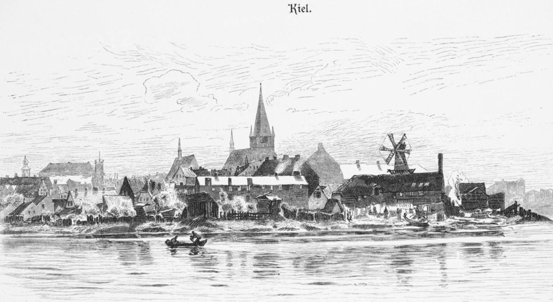 City view of Kiel, Kiel Fjord, St Nicolai Church, Old Town, windmill, boat, Schleswig-Holstein, Germany, historical illustration 1880, Europe