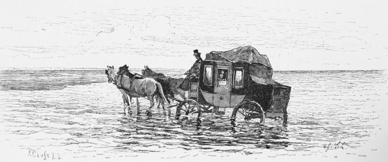 Carriage ride through the mudflats, North Sea, East Frisia, Lower Saxony, low tide, horse-drawn carriage, coachman, Germany, historical illustration 1880, Europe